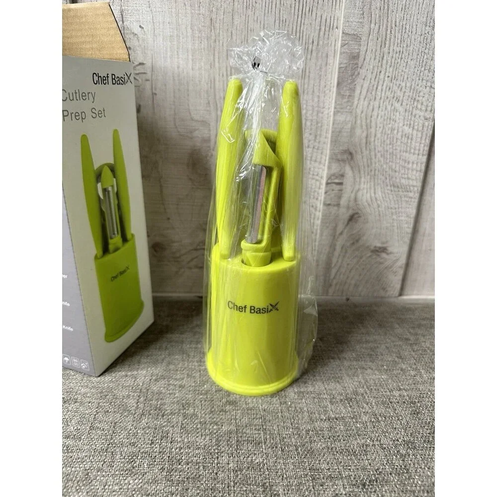 Chef Basix Kitchen Cutlery Prep Set Knives Bottle Opener Peeler with Stand Green